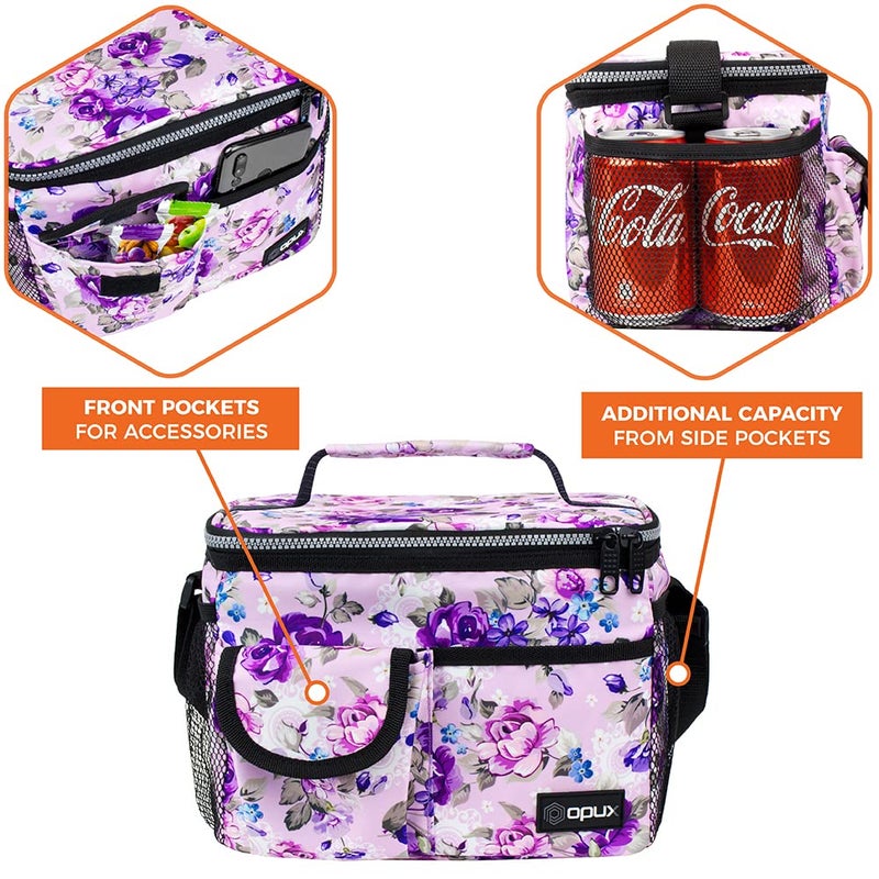 opux Insulated Lunch Bag for Men Women, Leakproof Floral Purple Lunch Box for Work, Portable Soft Lunch Cooler Bag with Shoulder Strap, Adult Lunchbox Lunch Pail for Kid Boy Girl School, 14 Can/8L - Image 4